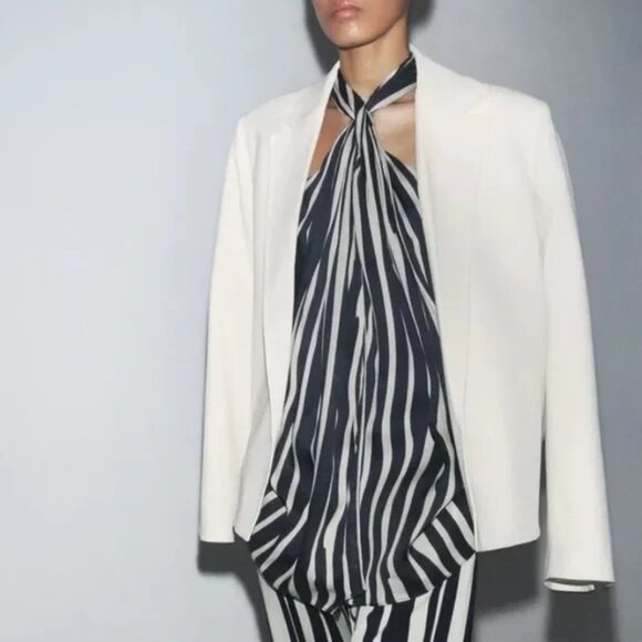 Zara Womens Blazer Suit Jacket S Small Ecru Topstitched Polyester 2818/781 NWT - Picture 1 of 16